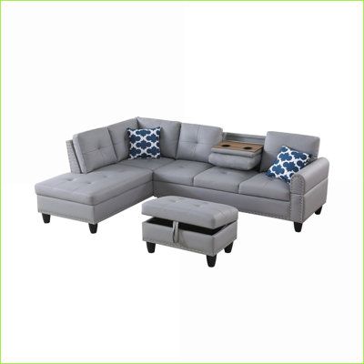 Canapé modulaire en forme de L traditionnel pour les soirées cinéma en famille avec repose-pieds et amp; Porte-gobelets | Similicuir | Noir