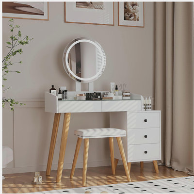 Dressing Table with LED Lights Glass Top Dressing Table with Extendable Side Table 5 Drawers Dressing Table with Mirror and Stool for Bedroom