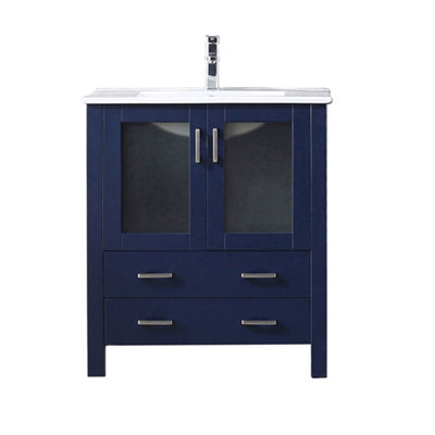 Navy Blue Bath Vanity 30 In. W X 18.25 In. D, White Ceramic Top, And Faucet Set