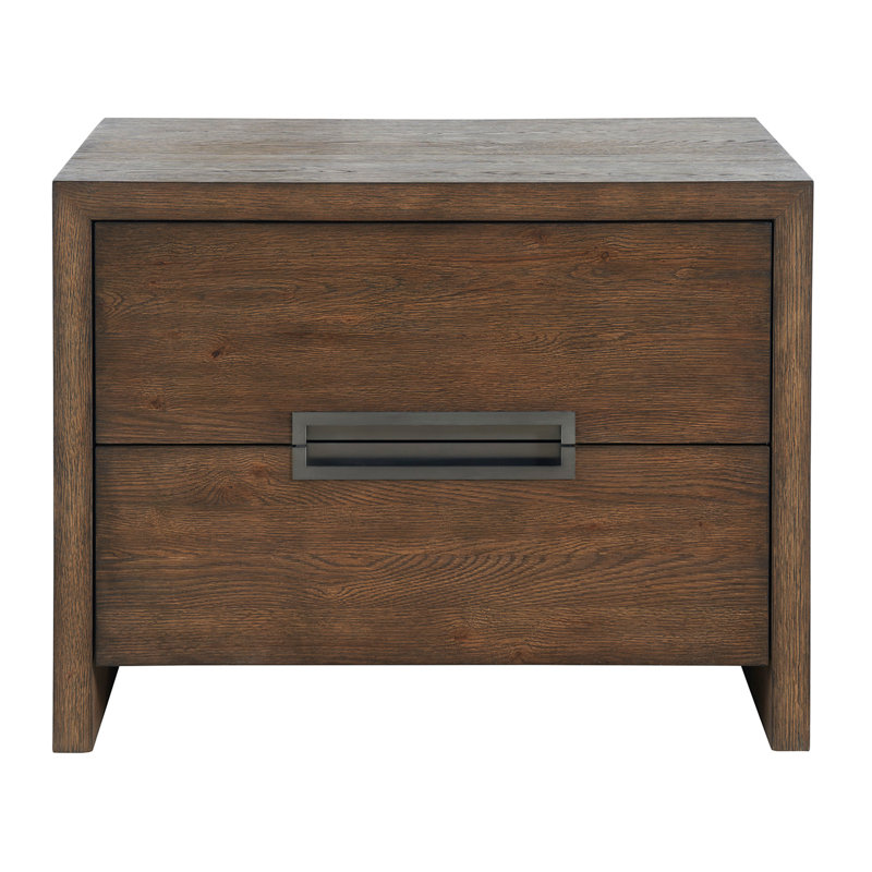 Atlas Medium Brown Oak 2-Drawer Nightstand with Bronze Pull