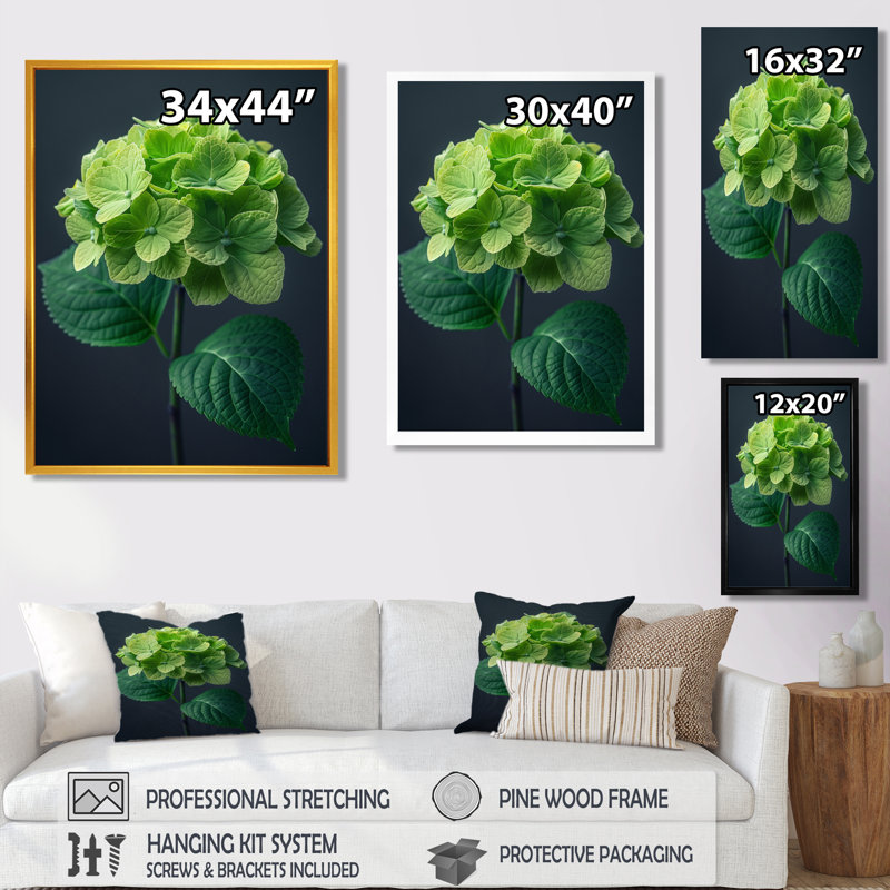Élégant emblème vert gris hortensia, art mural hydrangées, H 34 po x l 44 po, Cadre flottant brun