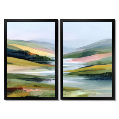 «Green and Pink Winter Mountain and Lake Scenery - Lake Wall Art, Green Landscape», reproduction sur toile 2 pièces