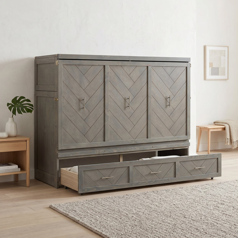 Grand lit escamotable Farmhouse avec station de charge et tiroir de rangement, Gray