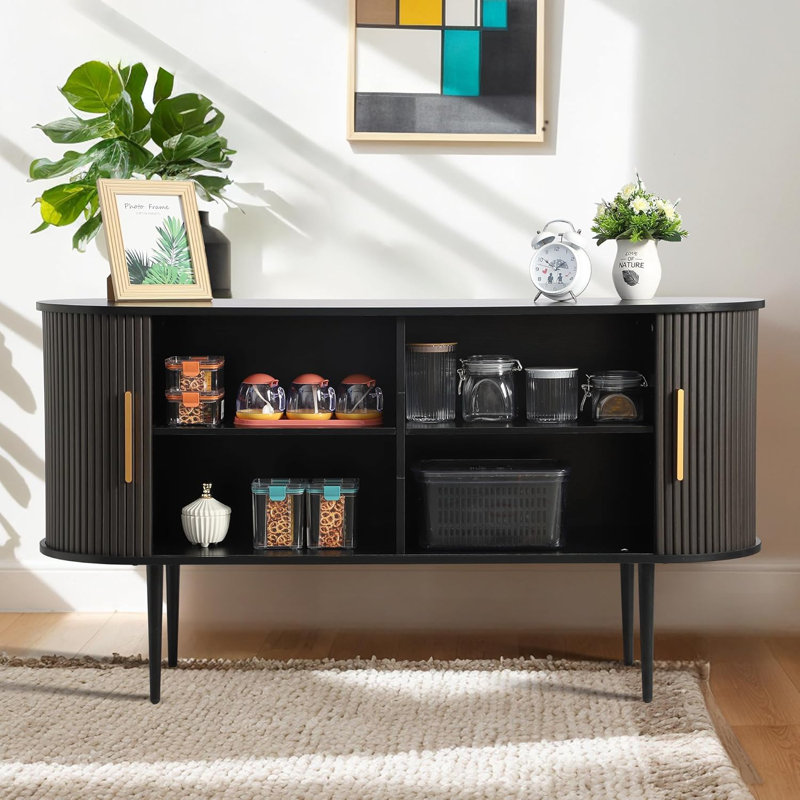 Buffet 55 "avec portes coulissantes cannelées, armoire de rangement Tambour avec tablettes, Noir