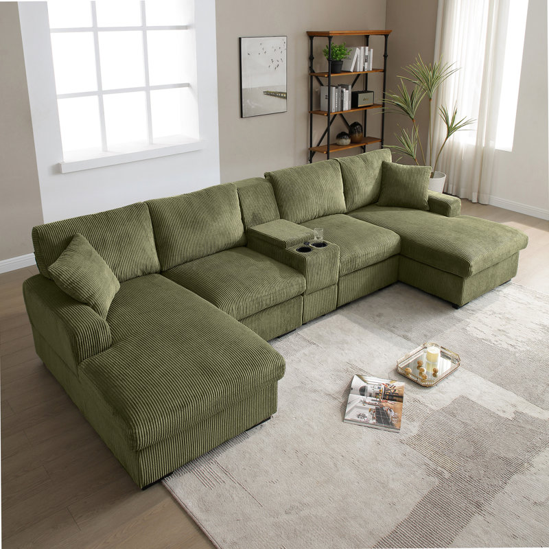 Canapé modulaire en U en forme de U pour le salon, canapé surdimensionné confortable de 126 po avec console, porte-gobelet, USB, méridienne double, vert