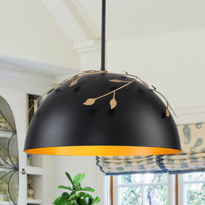 19.69" Modern Black Dome Pendant Light with Gold Leaf Accents | Adjustable Height 20.47"-75.59" | Matte Black & Gold Finish | 3-Light E26 Base | ETL Listed for Kitchen Island Dining Room Bedroom