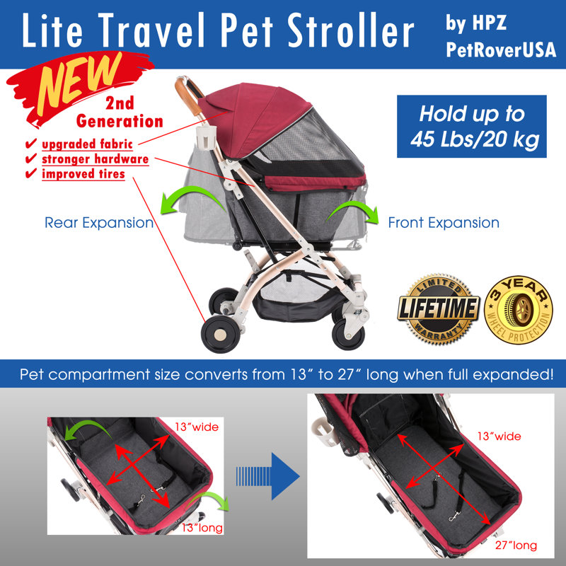 Ruby Red Lightweight Aluminum Pet Stroller with Retractable Handle