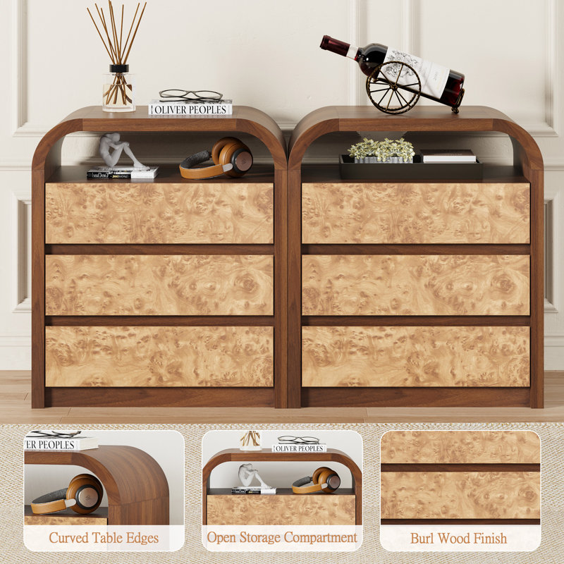 23.62'' W 3 - Drawer Burl Wood Arched Dresser, Walnut