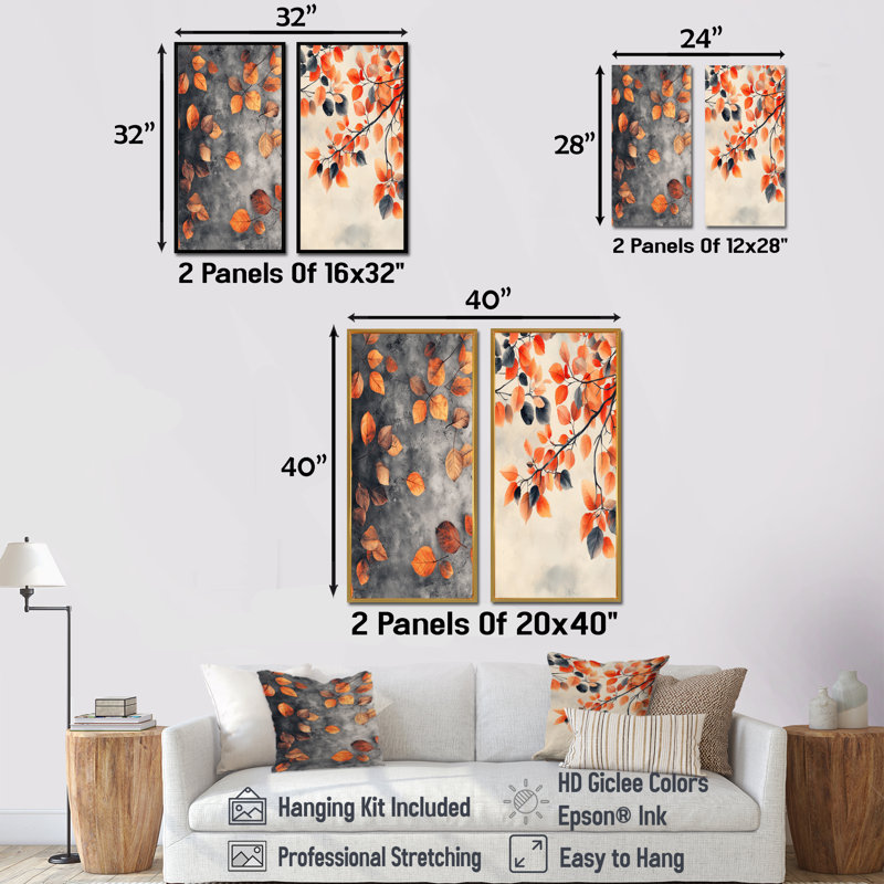 Feuilles d'automne orange I - art mural floral 2 panneaux, H 40 po x l 41 po, Encadrement argenté