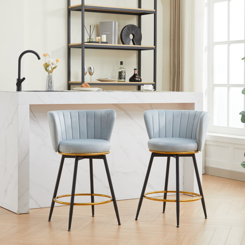 Counter Height Bar Stools Set Of 2, 360° Swivel Upholstered With Backs, Metal Legs, And Velvet Fabric For Comfort And Style