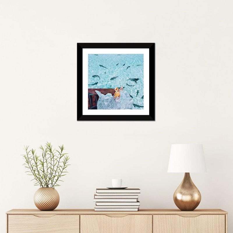" Breakfast With Sharks " by Hobopeeba, White, 16" H x 16" W x 1" D, Black Framed Paper