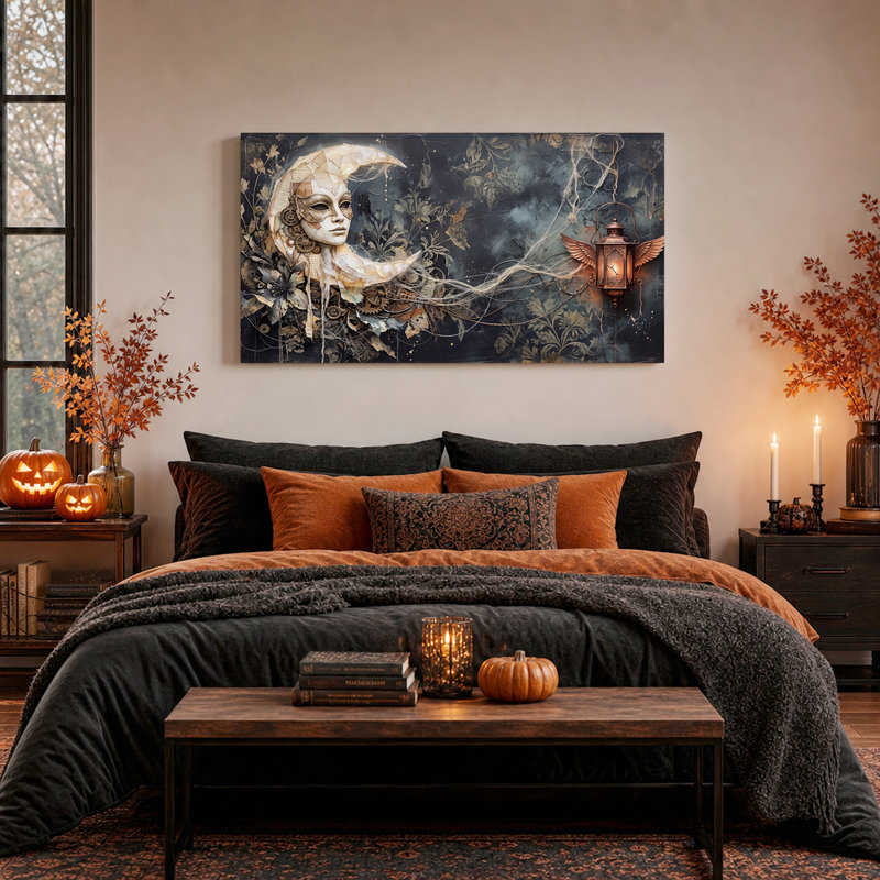 Tableau sur toile d'Halloween avec masque lunaire surréaliste et lanterne ailée, L 40 po x H 20 po