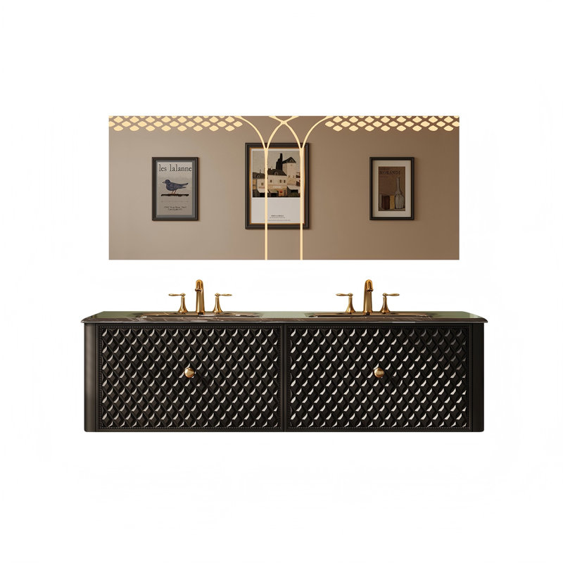 Ensemble de meuble-lavabo double 70,87 po en bois d'hévéa mural avec miroir, Noir, L 71 po