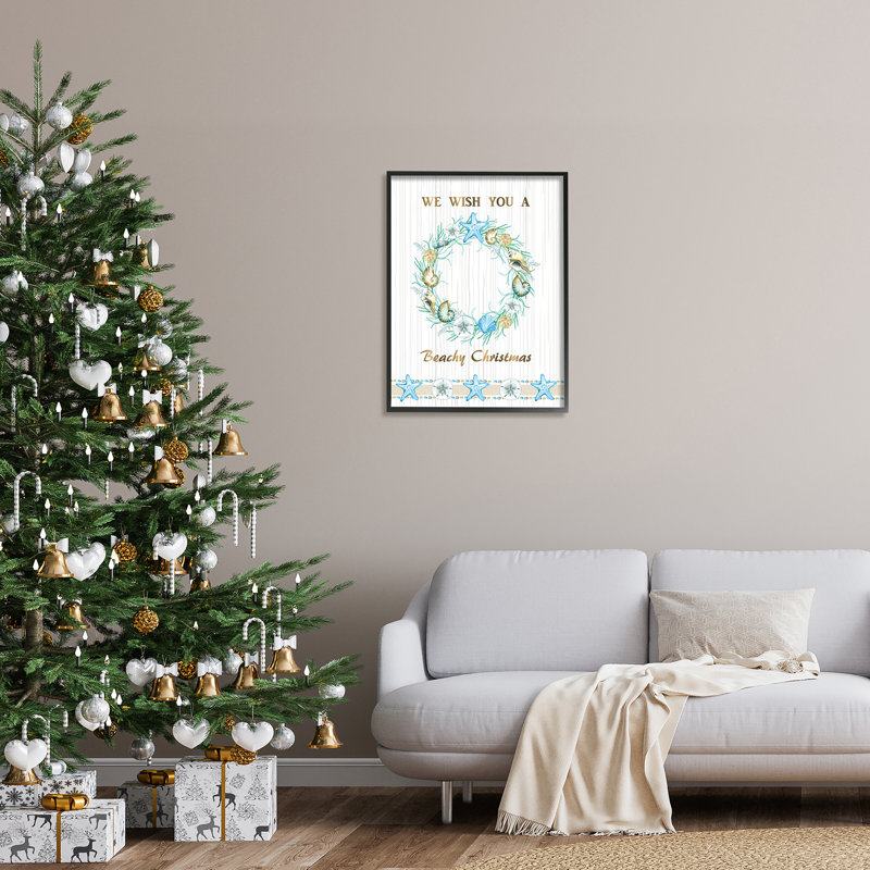 Beachy Christmas Sea Life Seashell Wreath, H 30 po x l 24 po x P 1,5 po, Giclée encadrée noir minuit