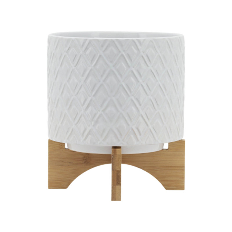 Gillett Modern Ceramic Planter with Wooden Stand - Stylish Textured Design, Contemporary Home Decor Accent, Durable Stoneware Construction, Sleek and Minimalist Look for Indoor Spaces