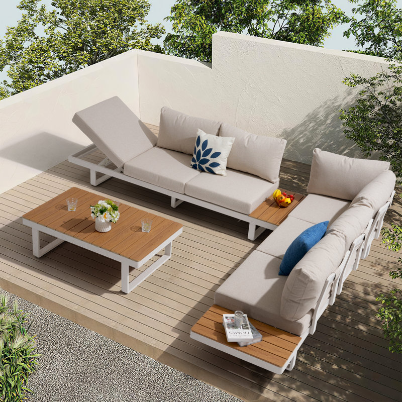 Canapé d'extérieur en aluminium avec table basse en bois de couleur teck, Coussin beige / structure beige