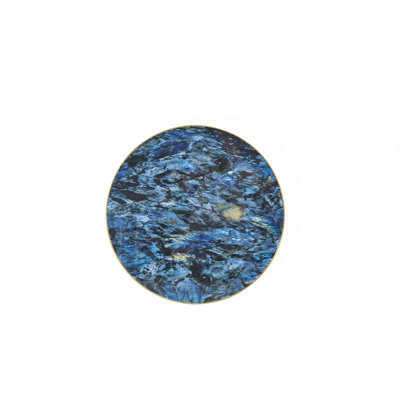 Panneau de fibres à densité moyenne rond de 23,6 po recouvert d'un comptoir de peinture UV, texture marbre, bordure en acier inoxydable, pieds de table en métal, table basse moderne et luxueuse.