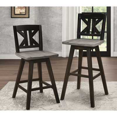 Counter Height Swivel Chairs, Of 2, Black Gray, Solid Rubberwood, Construction, Rustic Dining Room Chairs (2), 360-degree Swivel, Divided , Addition