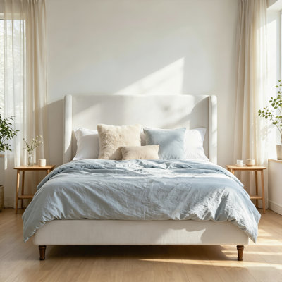 54" California King Cream White Chenille Uphplstered Platform Bed Frame with Tall Wingback Headboard