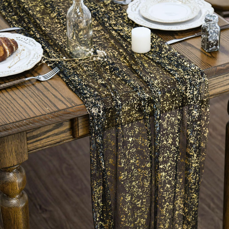 Chemin de table en gaze noire et dorée (3 pièces), 3 mètres (120 pouces), paillettes métallisées, transparent, idéal pour les repas, les mariages, les anniversaires, les fêtes et les réceptions à la maison. Parfait pour décorer une table à la maison ou pour une soirée.