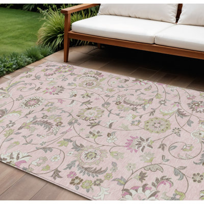 Tapis intérieur lavable floral 9 pi x 12 pi rose, vert et gris