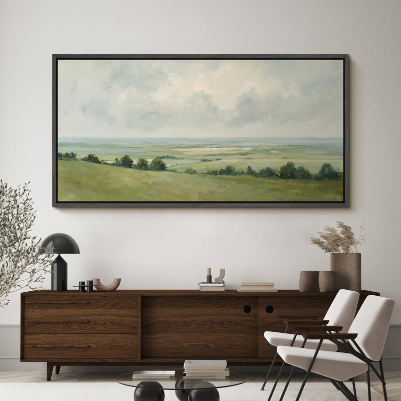 Large Framed Canvas Print Wall Art - Vintage Meadow Landscape Print for Modern Farmhouse Decor, Black, 30" H x 60" W