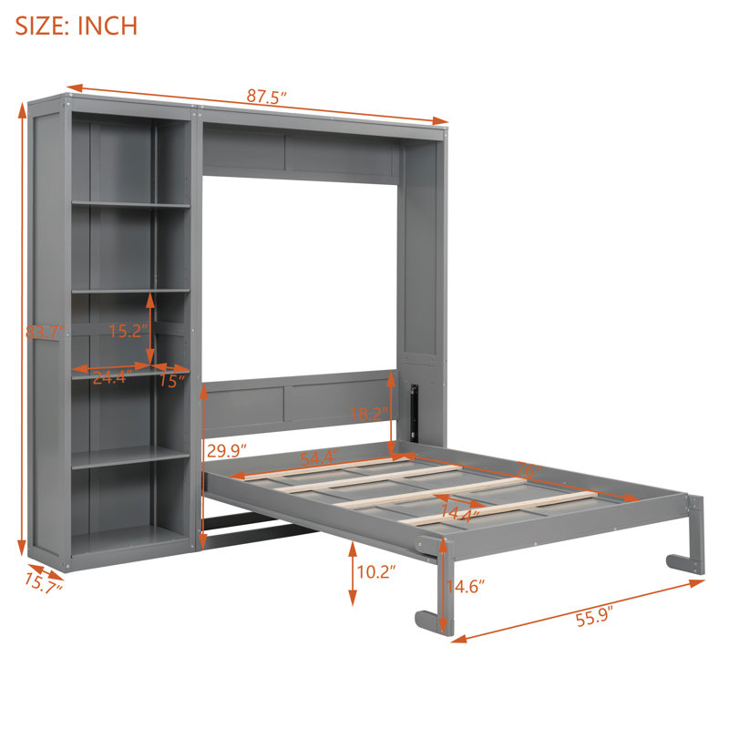 Full Size Murphy Bed Wall Bed with Shelves,Grey, Grey