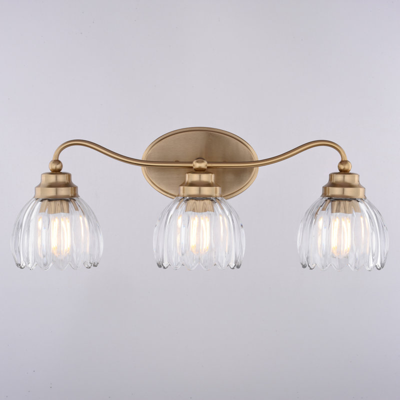Luminaire de salle de bain 3 lumières Shirley, champagne, or, verre tulipe transparent cannelé de 21,25 po de largeur, acier, à intensité variable, compatible DEL, fixation réversible