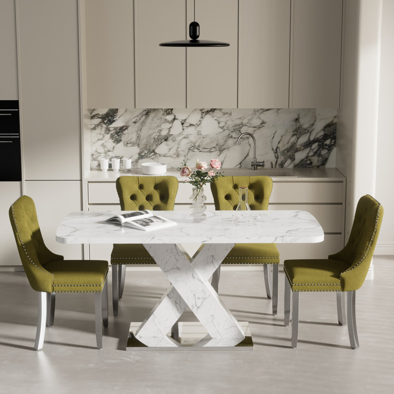 47.24''-63'' Extendable Dining Room Table Set, White, 5, Olive Green