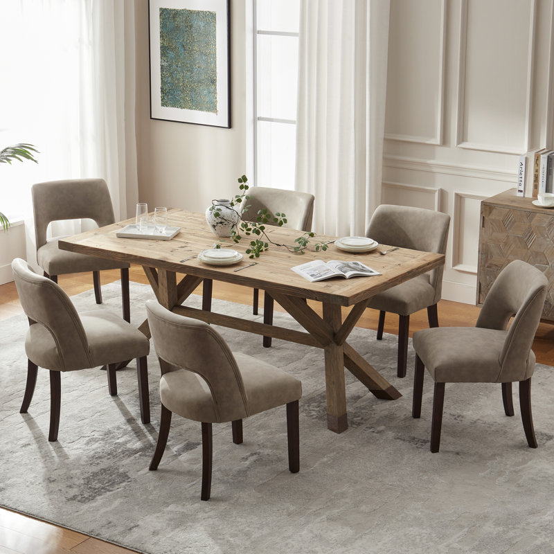 VKNOW Faux Leather Upholstered Dining Chairs Set of 6, High-Density Foam Cushion, Walnut Rubber Wood Legs for Dining Room, Bedroom, Taupe