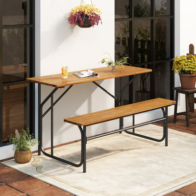  Patio Table Bench Set for 2 Picnic Table & Loveseat w/Acacia Wood Top Metal Legs