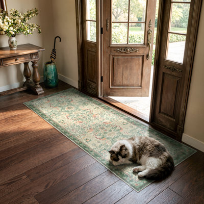  Sage Green Botanical Floral Washable Area Rug, Vintage Traditional Non-Slip Carpet for Living Room, Dining Room and Bedroom, Cottage Style Floor Covering