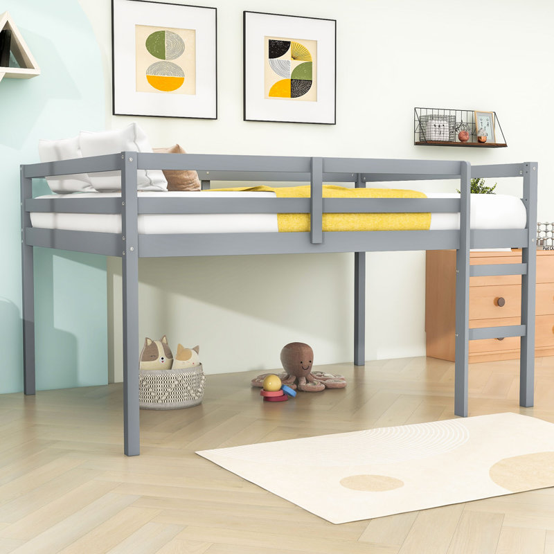 Full Wood Loft Bed With Ladder, Low-Height Design, Gray