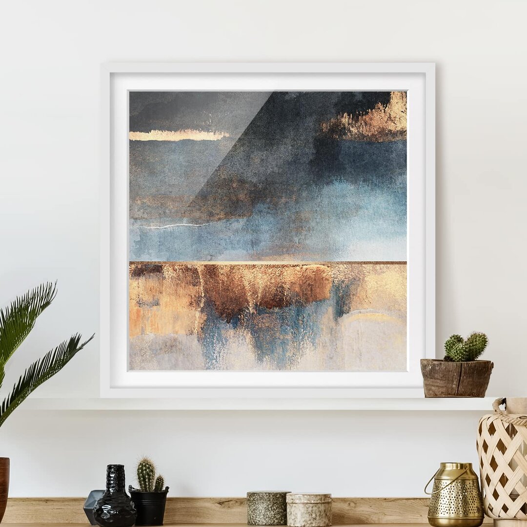 Gerahmter Kunstdruck Abstract Lake Shore in Gold