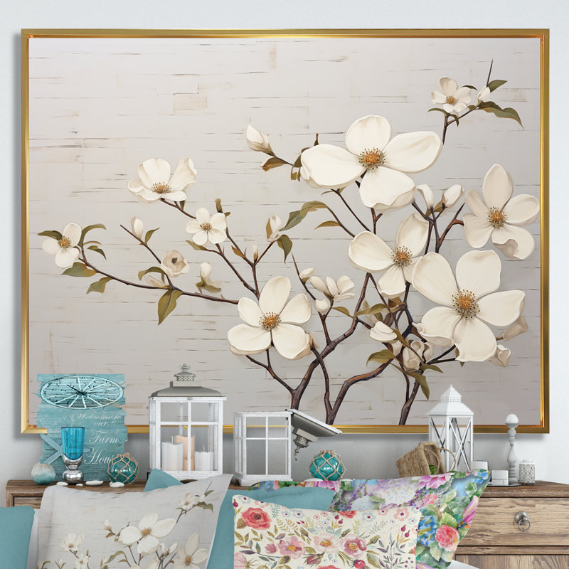 «White Dogwood Blossom Scenery VII», reproduction sur toile, H 34 po x l 44 po x P 1,5 po, Cadre flottant doré