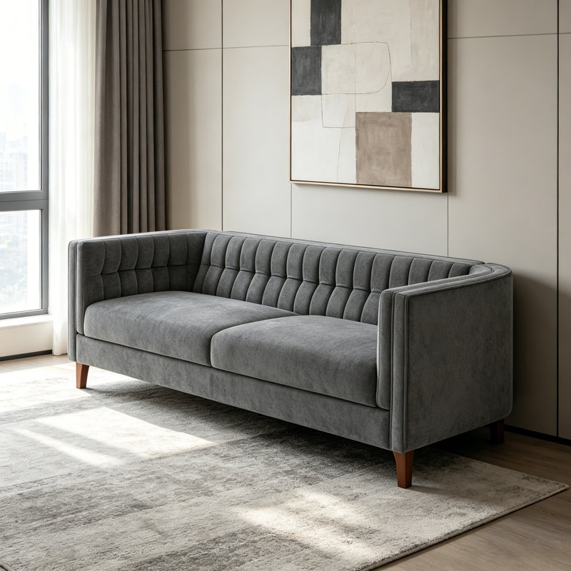Canapé moderne à 3 places rembourré avec accoudoirs courbés, dossier capitonné et pieds en bois pour le salon, Chenille gris