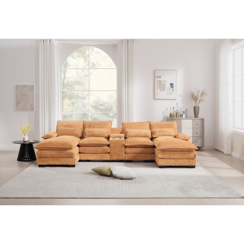 Canapé modulaire en U avec tissu chenille et ports USB Zufferey, Chenille orange