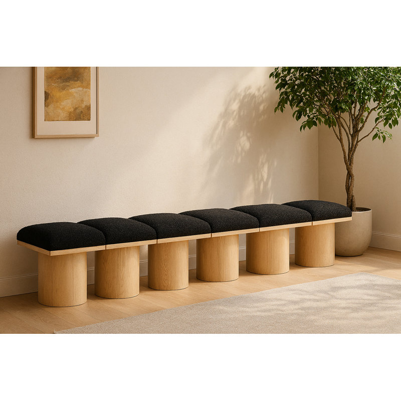 Banc rembourré Horatia, Tissu bouclé noir, Naturel, H 17,5 po x l 108 po x P 15,5 po