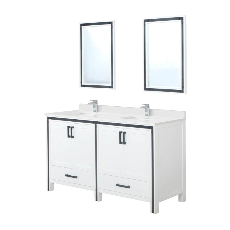 Meuble-lavabo double l 60 po x P 22 po, comptoir en quartz blanc, ensemble de robinet et miroirs 22 po, Blanc
