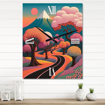 Swirling Road Joyful Pink Mountain Landscape III - Meadow Wall Clock Oversized