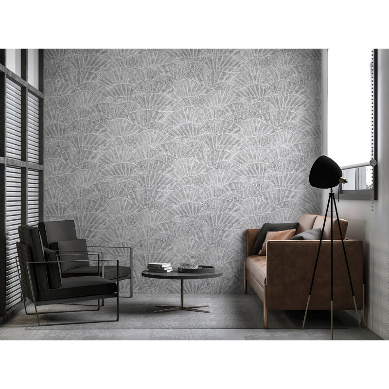 Feel Metallic Seashell Design 33' L x 21" W Wallpaper Roll, Cloudy Gray