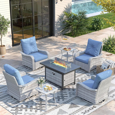 7 Piece Wicker Patio Furniture Set with 55,000 BTU Fire Pit Table, Swivel Rocking Chairs, 4''Cushions, Navy