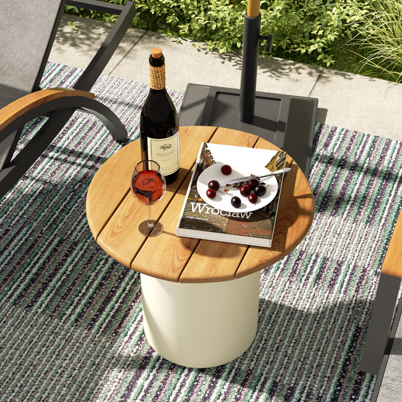 Round Aluninum 19.5" Side Table With Teak Wood Table Top