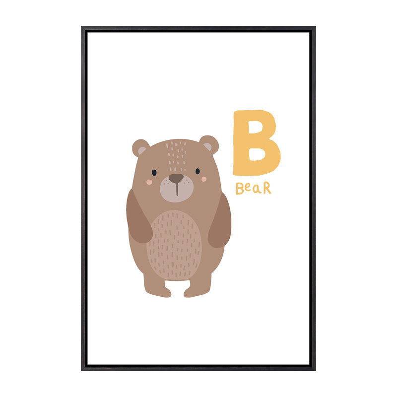 Animal Alphabet B - impression d'art graphique, H 26 po x l 18 po x 1,5 po, Toile avec cadre noir patiné, Pas de tapis