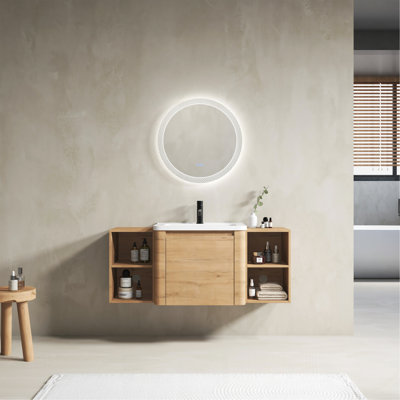 Meuble-lavabo mural 48 po avec lavabo en céramique blanche et tablettes de rangement et 1 porte à fermeture en douceur, emballage KD, contreplaqué