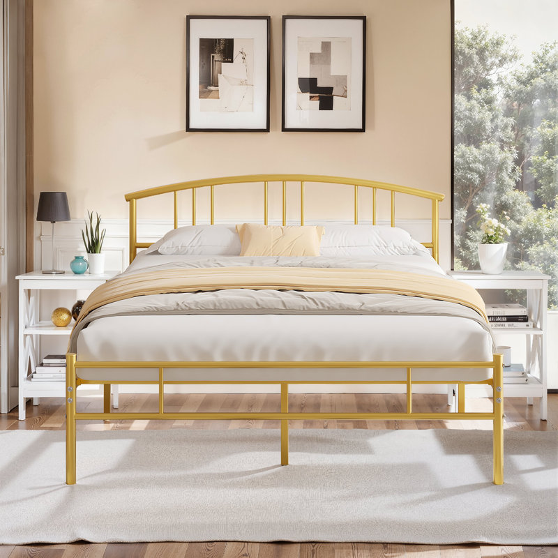 Scaggs Metal Bed With 2 Nightstands – Modern Bedroom Set, Queen, White