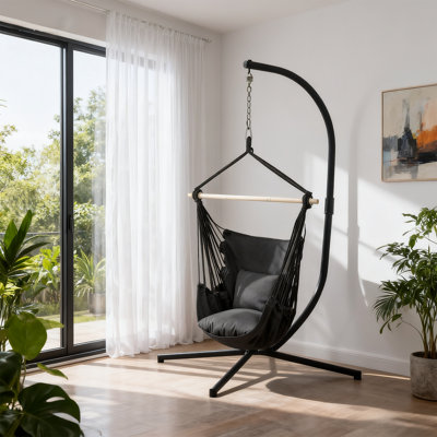 Chaise hamac suspendue, balançoire en corde de coton avec 2 coussins, poche latérale et ensemble de quincaillerie, capacité de 500 lb