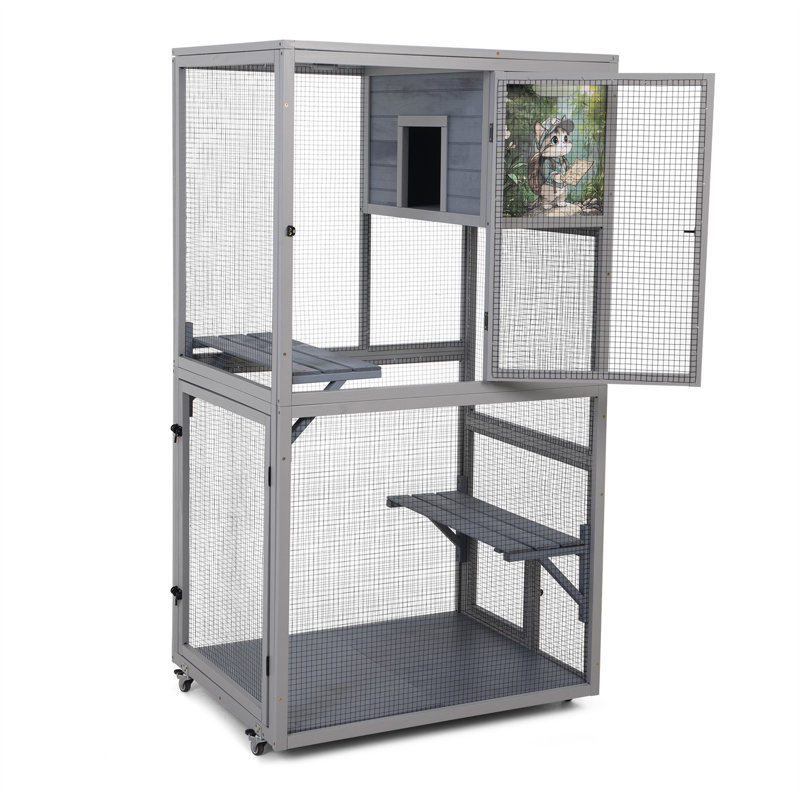 Maison de chat de 66 pouces, maison de chat gris foncé avec roues, patio extérieur convenable, clôture de maison de chat plateforme