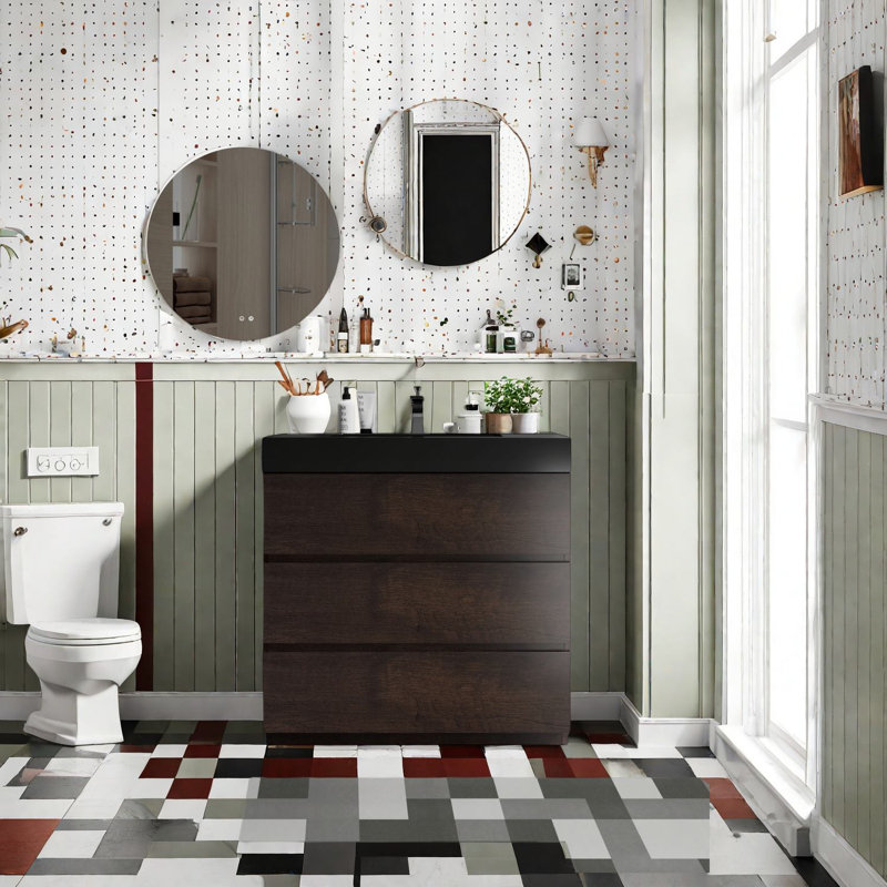Meuble-lavabo élégant en noyer avec lavabo noir, solution de rangement moderne pour salle de bain