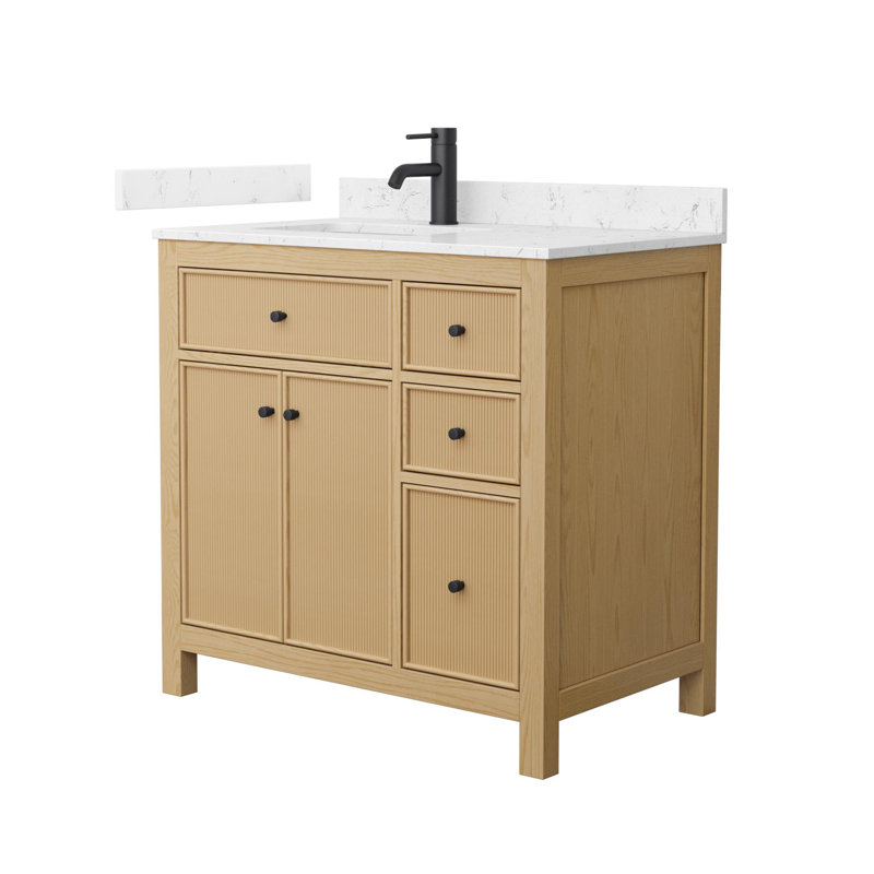 Pendry 36" Freestanding Single Bathroom Vanity with Top, Tanned Oak, Brushed Gold, White Cultured Marble